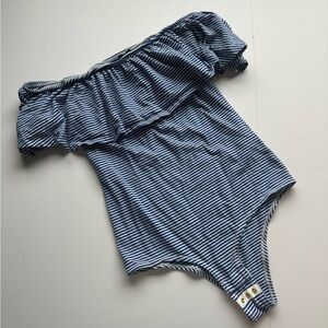 J. Crew Blue Striped Ruffled Bodysuit
